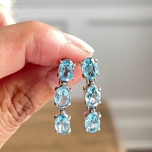 Oval Sky Blue Topaz Line Drop Fashion Earrings In 925 Sterling Silver